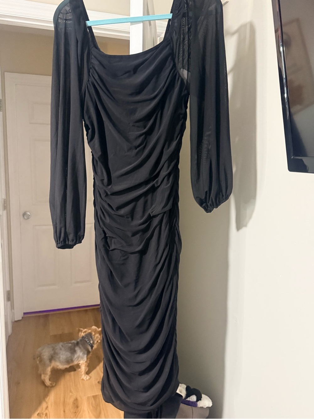 Black Ruched Long Sleeve Midi Dress
